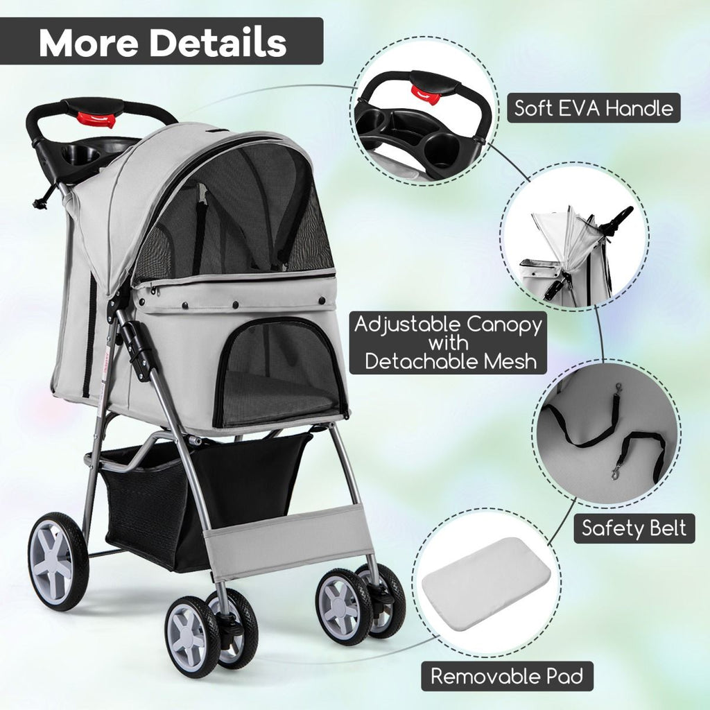 4-Wheel Folding Pet Stroller with Storage Basket and Adjustable Canopy