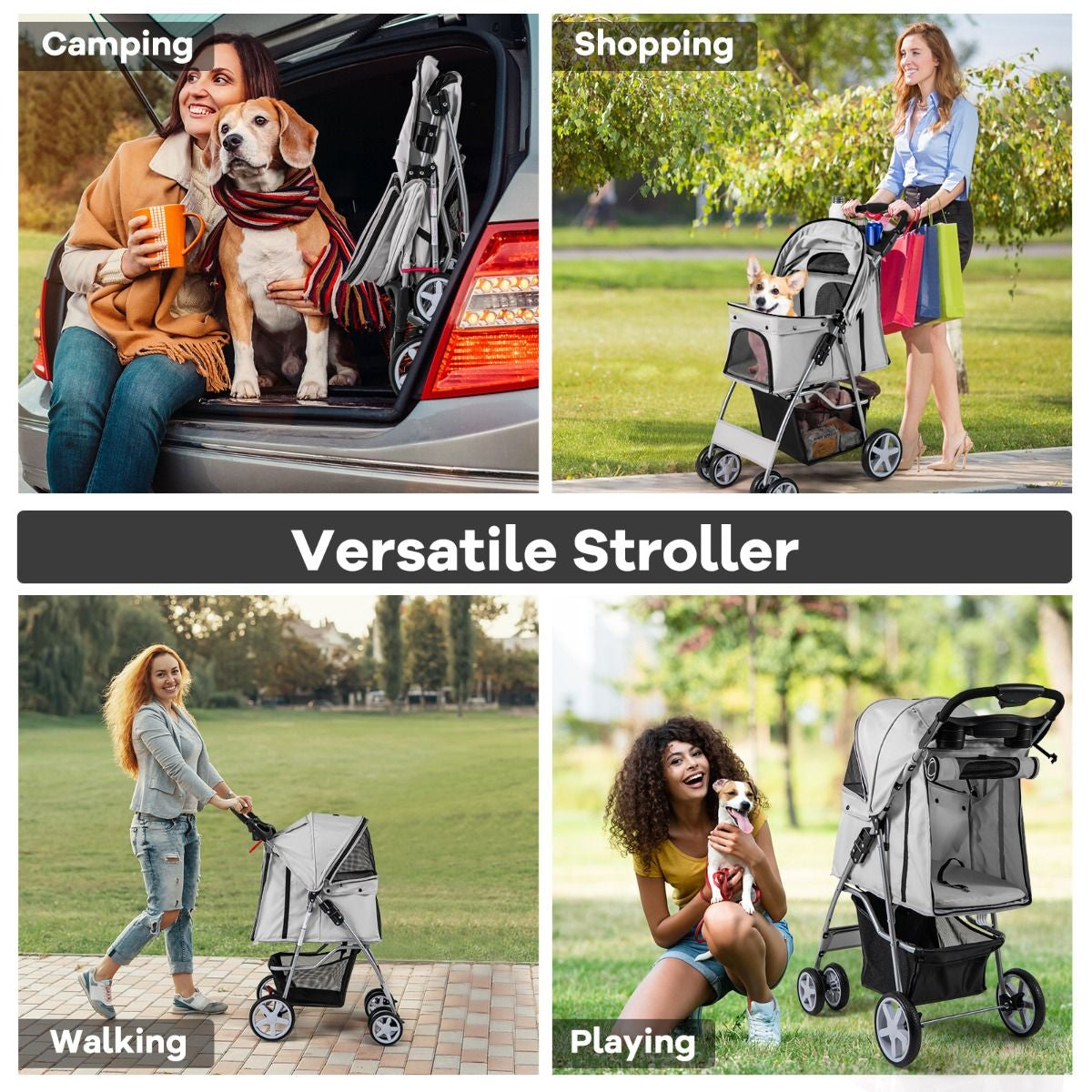 4-Wheel Folding Pet Stroller with Storage Basket and Adjustable Canopy