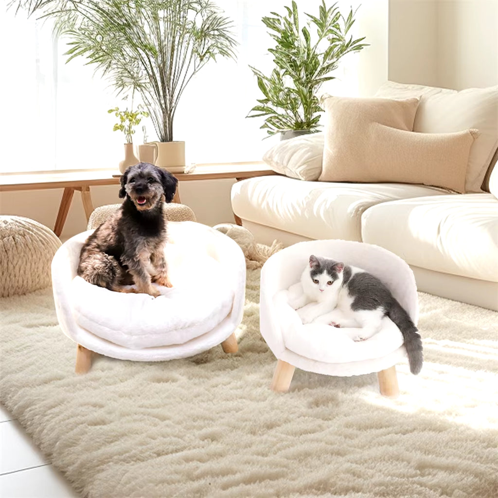 Luxury Cat Bed Soft Warm Plush Fabric Pet Nesting Chair Bed Stool Wood Legs with Cushion Pad Washable Waterproof for Small Pets