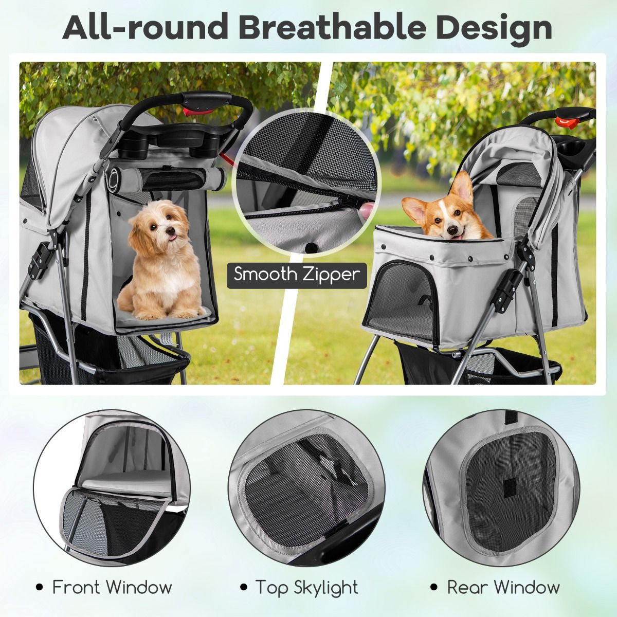 4-Wheel Folding Pet Stroller with Storage Basket and Adjustable Canopy