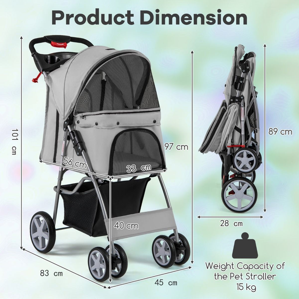4-Wheel Folding Pet Stroller with Storage Basket and Adjustable Canopy