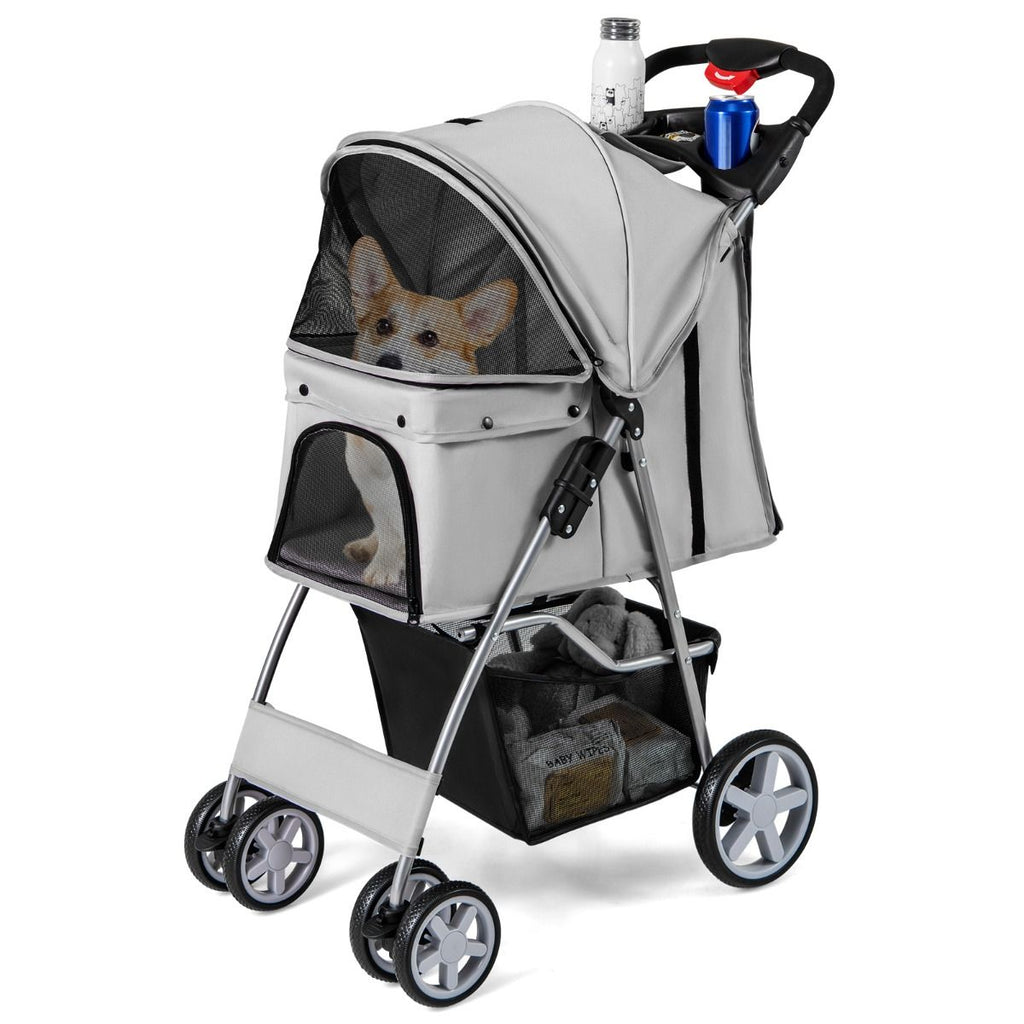 4-Wheel Folding Pet Stroller with Storage Basket and Adjustable Canopy