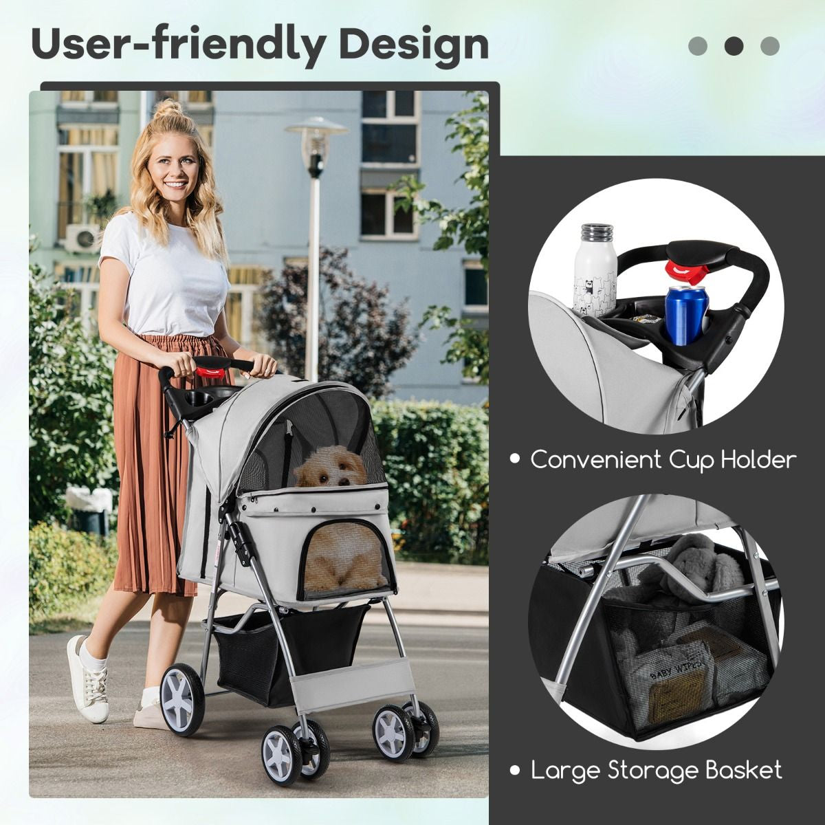 4-Wheel Folding Pet Stroller with Storage Basket and Adjustable Canopy