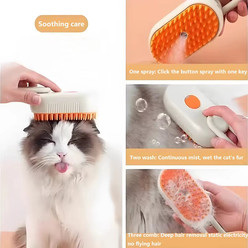 3-in-1 Steam Pet Brush for Dogs & Cats – Electric Anti-Static Grooming Comb for Short & Long Hair