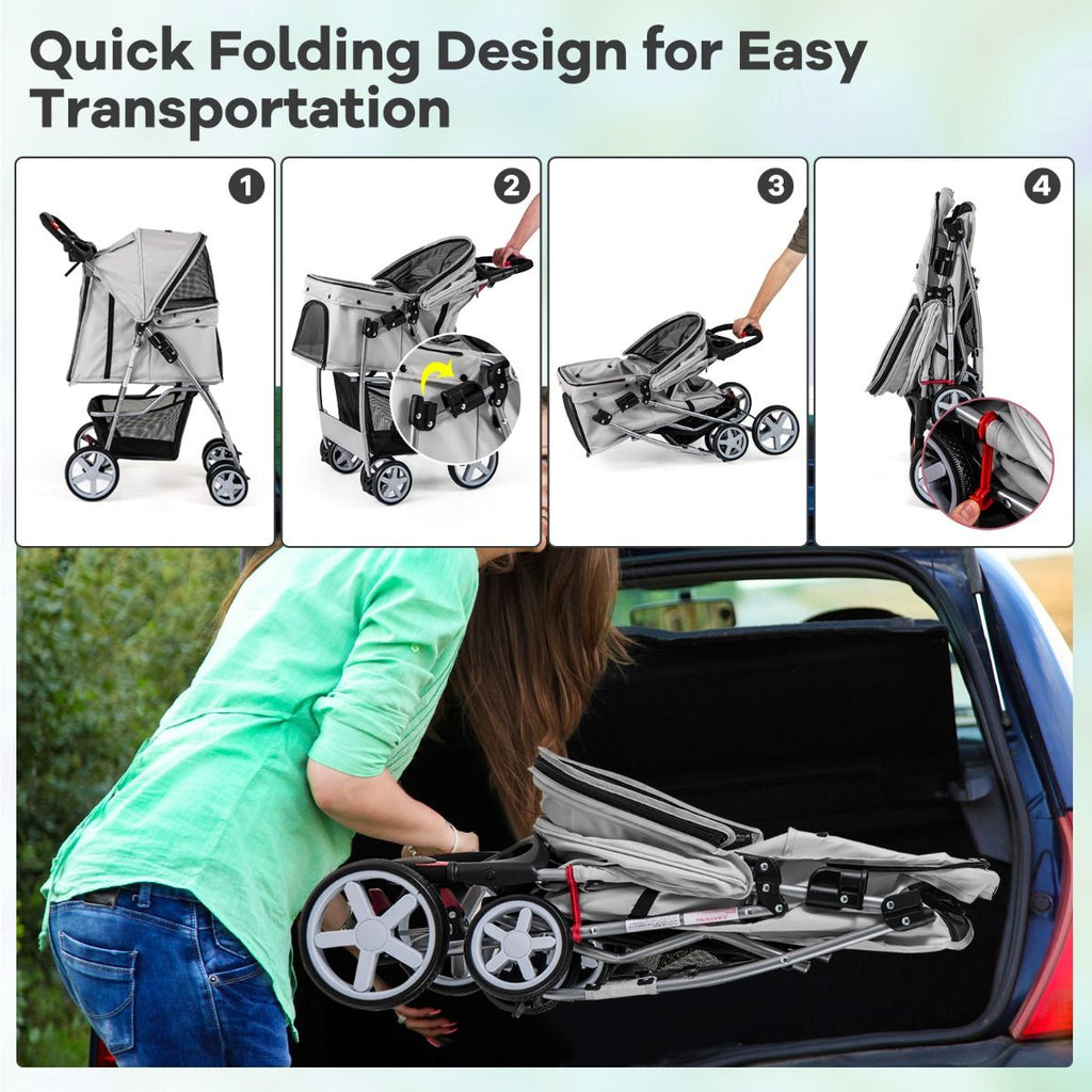 4-Wheel Folding Pet Stroller with Storage Basket and Adjustable Canopy