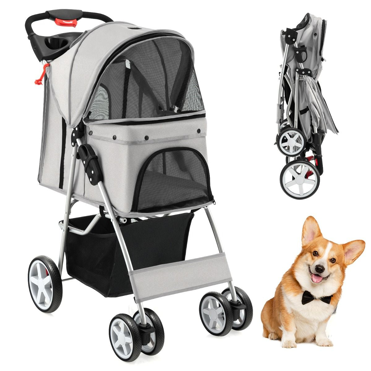 4-Wheel Folding Pet Stroller with Storage Basket and Adjustable Canopy