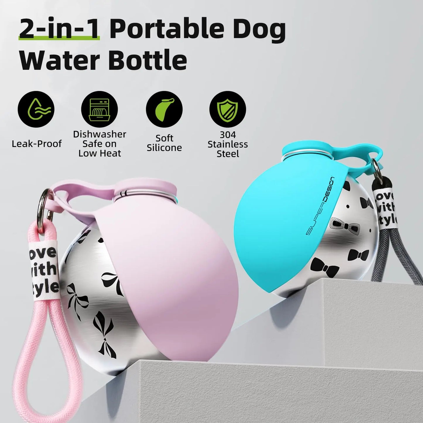 2-in-1 Portable Dog Water Bottle – Leak-Proof Travel Bowl (Stainless Steel)