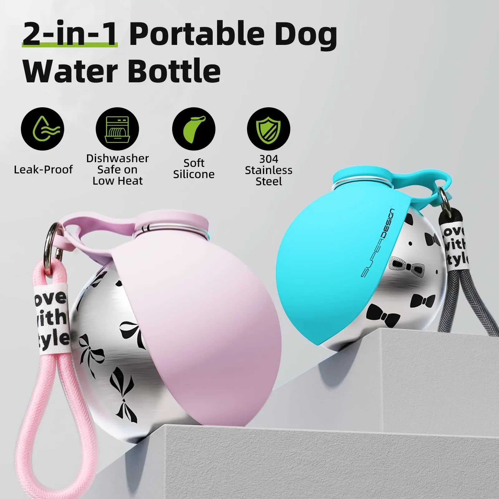 2-in-1 portable dog water bottle – leak-proof stainless steel travel bowl