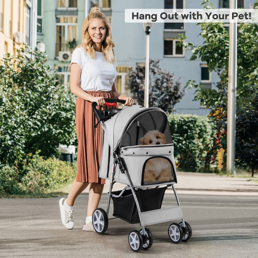 4-Wheel Folding Pet Stroller with Storage Basket and Adjustable Canopy
