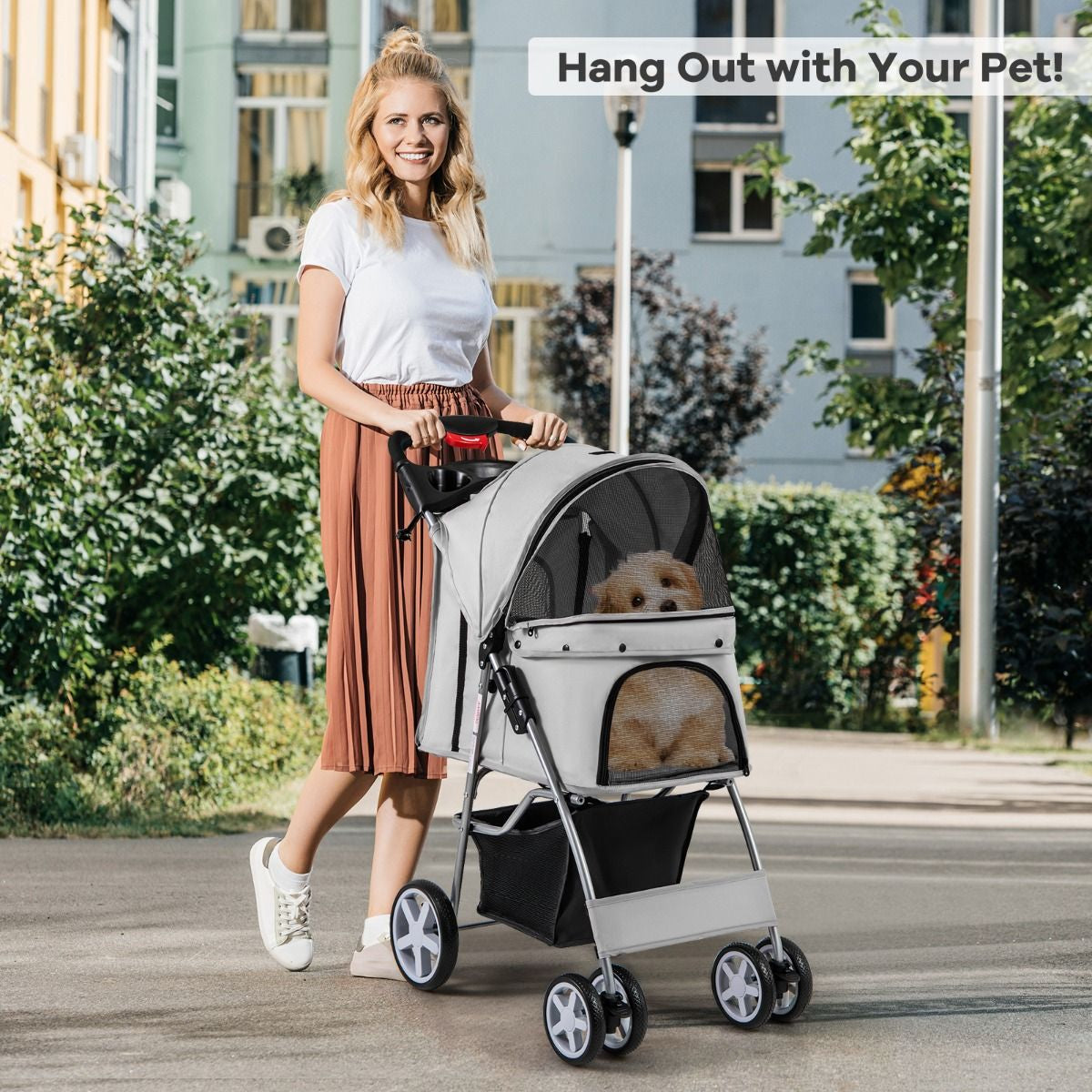 4-Wheel Folding Pet Stroller with Storage Basket and Adjustable Canopy