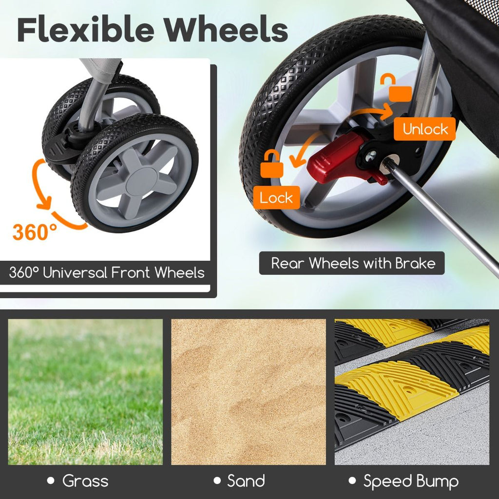 4-Wheel Folding Pet Stroller with Storage Basket and Adjustable Canopy